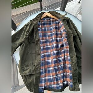 JCrew Mercantile Olive Green Men's Jacket with Plaid Lining - Size Large